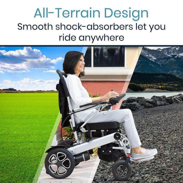 Vive Power Wheelchair - Foldable Long Range Transport Aid -All Terrain Design - Smooth Shock Absorbers Let Ride Anywhere