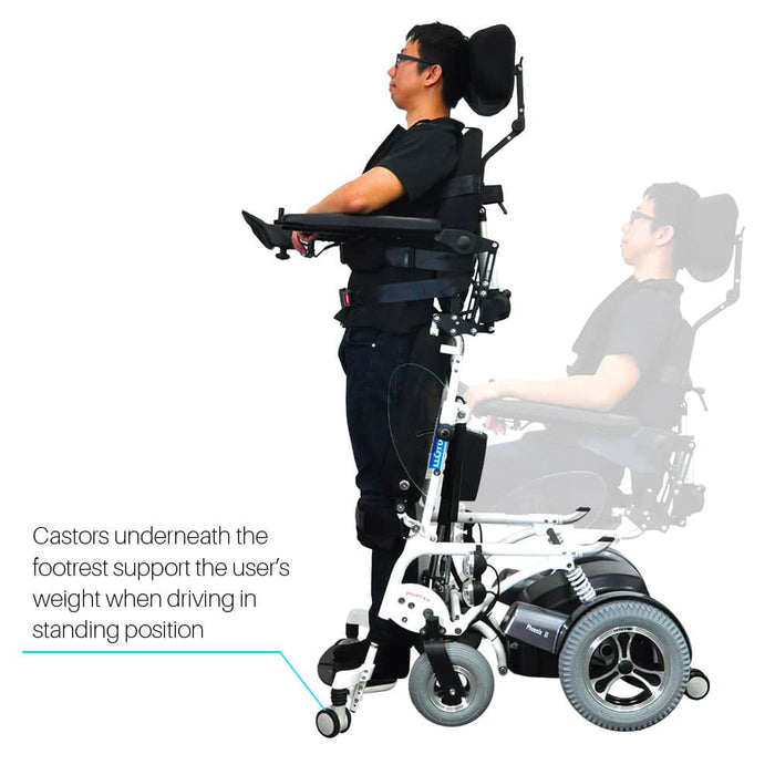 Phoenix II Standing Power Wheelchair caster support with user