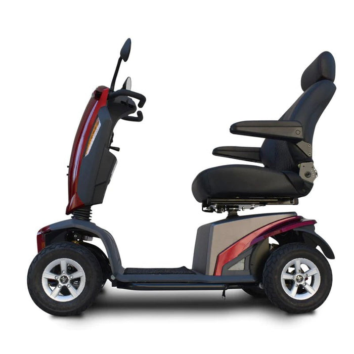 side view of red fast mobility scooter with comforable captins seat