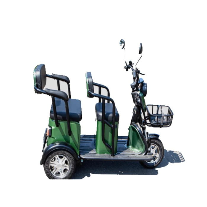 Green Pushpak 3500 two person scooter with front cargo basket, head light and mirrors.